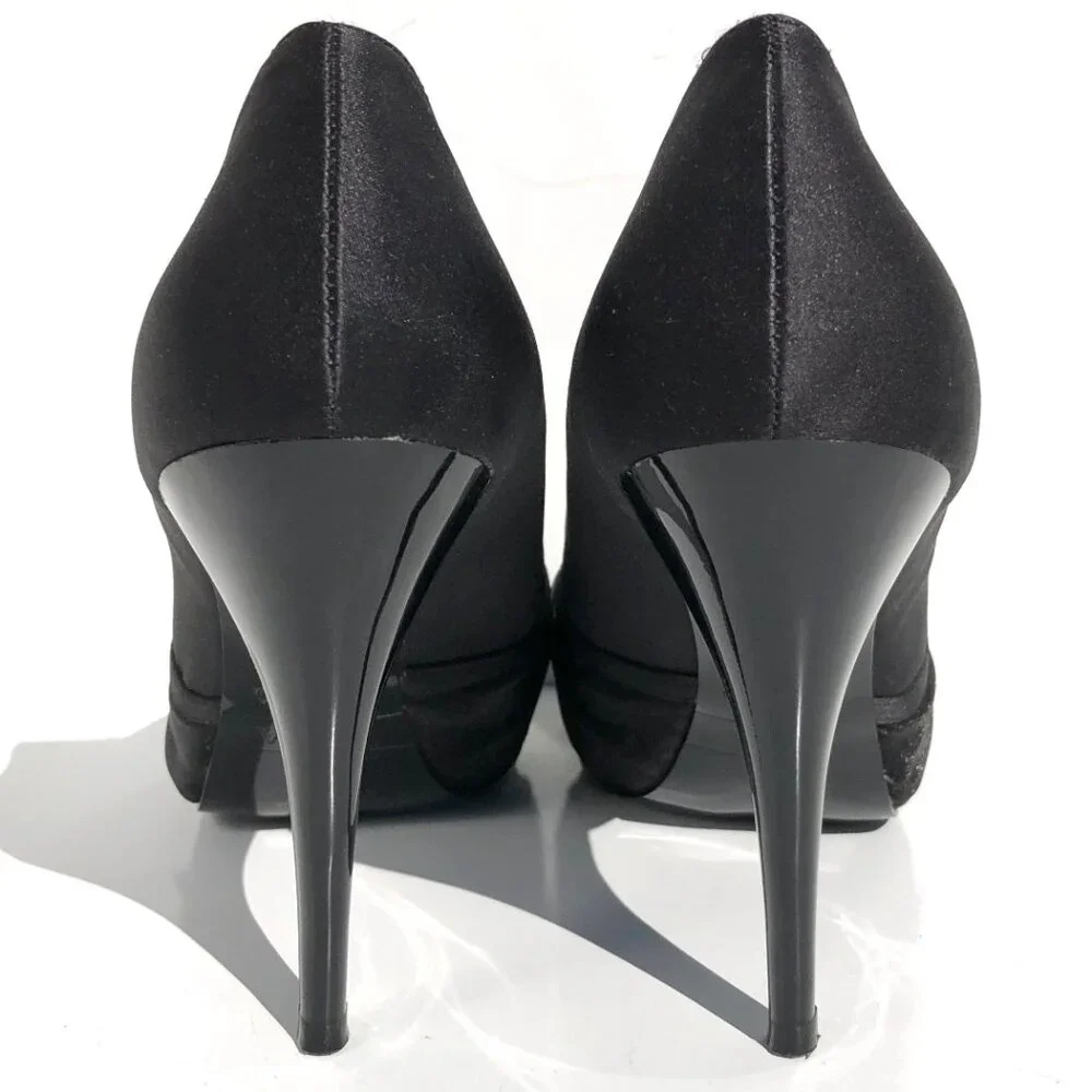 Zara Collection peep toe heels 37 black satin patent platform pump evening party